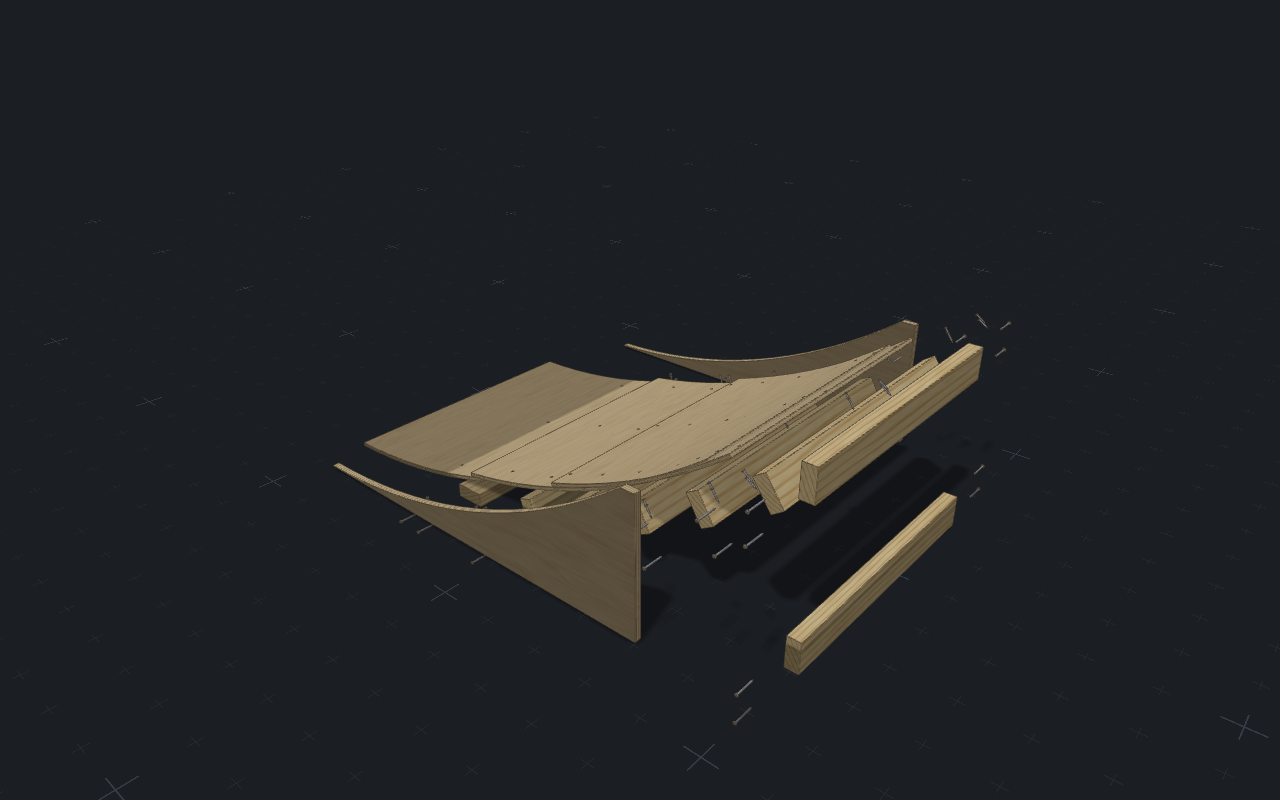 The exploded kicker: two radius-cut sides, eight members, two surface layers, and every screw.