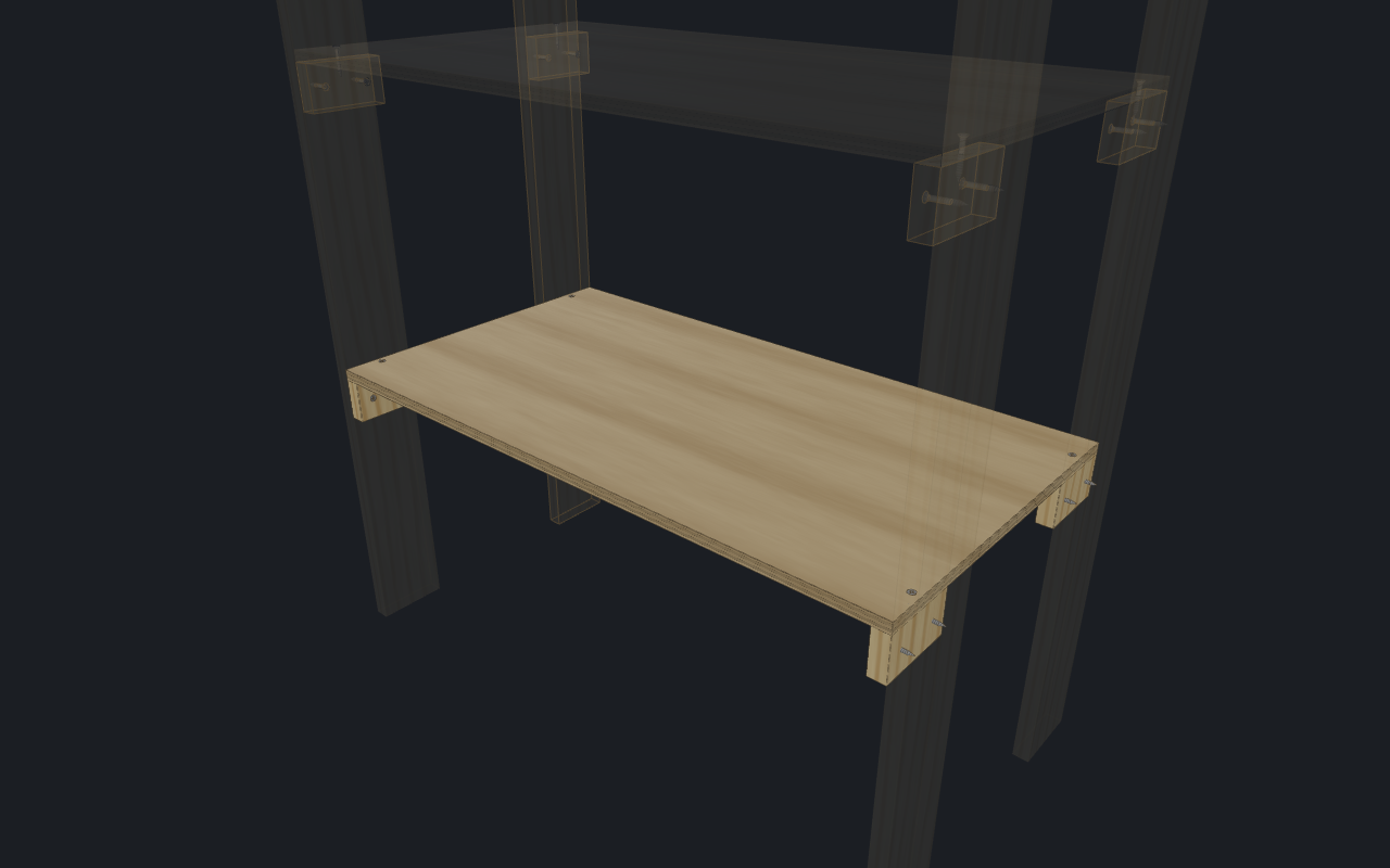 The bottom shelf: standoffs screwed to ghosted posts, ply screwed to the standoffs.
